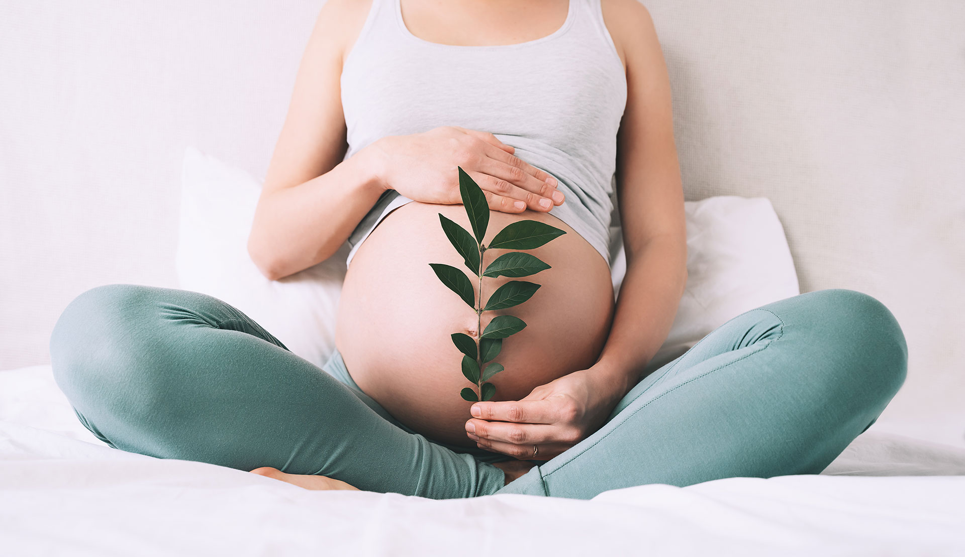 Eine schwangere Frau Hält einen Ast vor ihrem Bauch